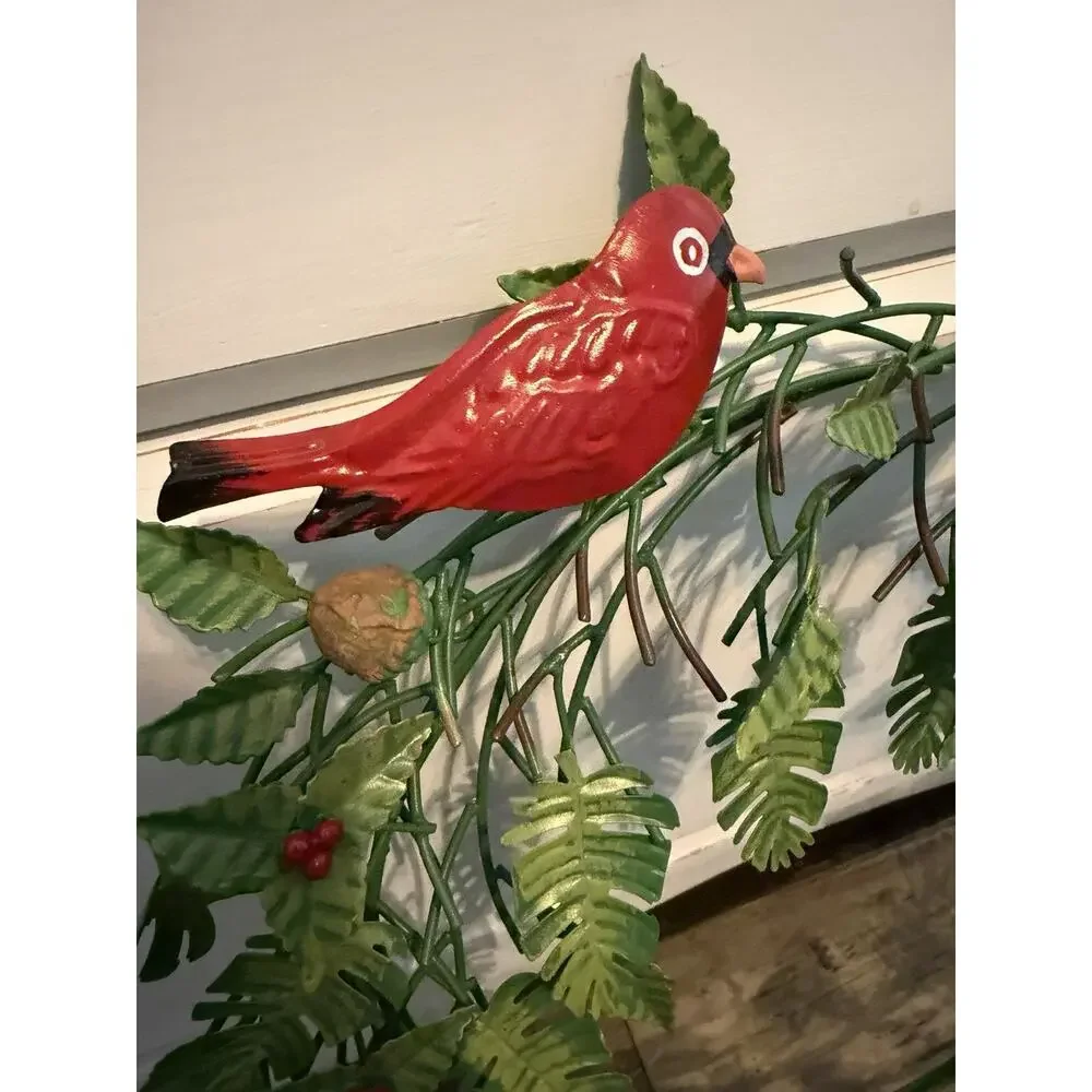 Vintage Metal Cardinal Wreath Wall Decor Red Birds Green Leaves Rustic 18”